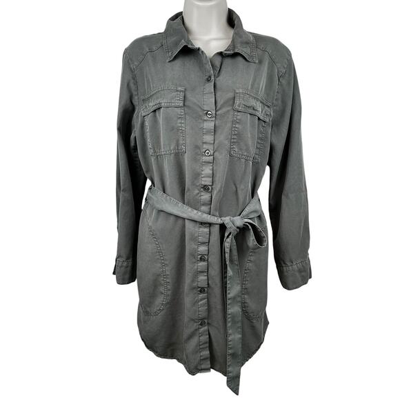 Evereve Peyton Shirt Dress Utility Dress Button Up Pockets Belted Olive Medium - Picture 3 of 12